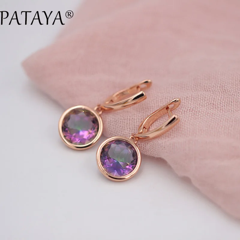 

PATAYA New Multi-Colored Green Round Natural Zirconia Earrings 585 Rose Gold Color Dangle Earrings Women Retro Luxury Jewelry