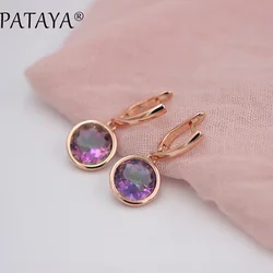 PATAYA New Multi-Colored Green Round Natural Zirconia Earrings 585 Rose Gold Color Dangle Earrings Women Retro Luxury Jewelry