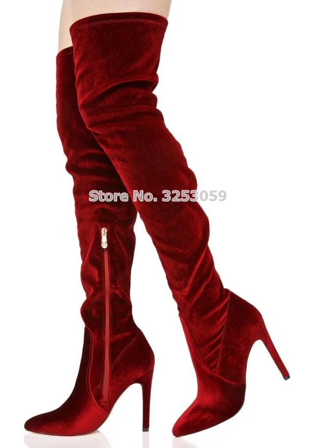 Newest Wine Red Apricot Velvet Long Boots Gorgeous Pointed Toe Over-the-knee Long Boots Thigh High Party Boots Nightclub Boots