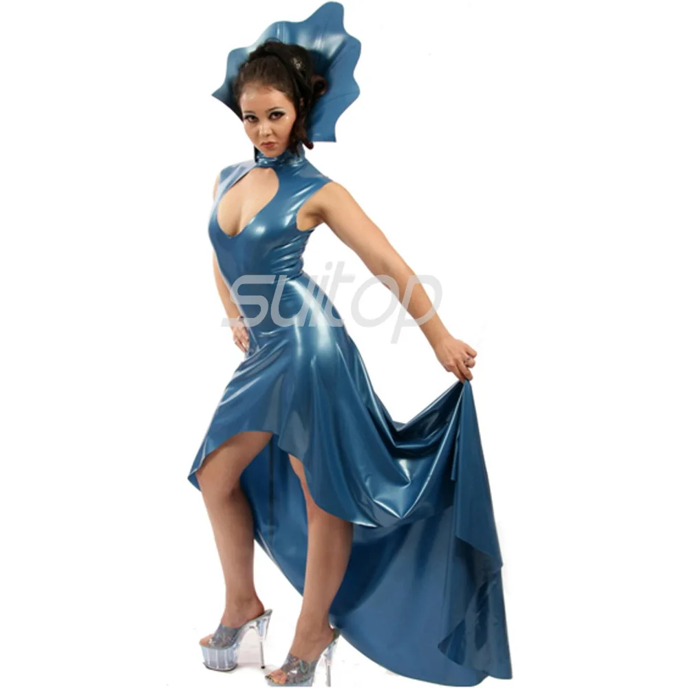 Latex Rubber mermaid Dress sexy club long dresses  longuette blue color eveningwear evening clothes