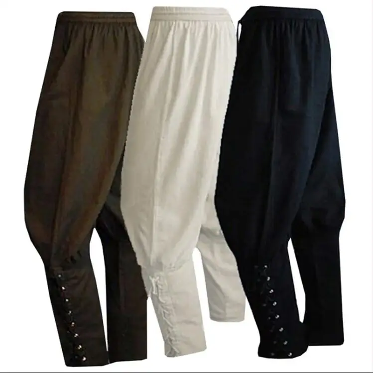 Disfraz de pirata Medieval renacentista para hombre, pantalones sueltos de Cosplay, Vikingo, negro, marrón, pantalón de vendaje de piernas