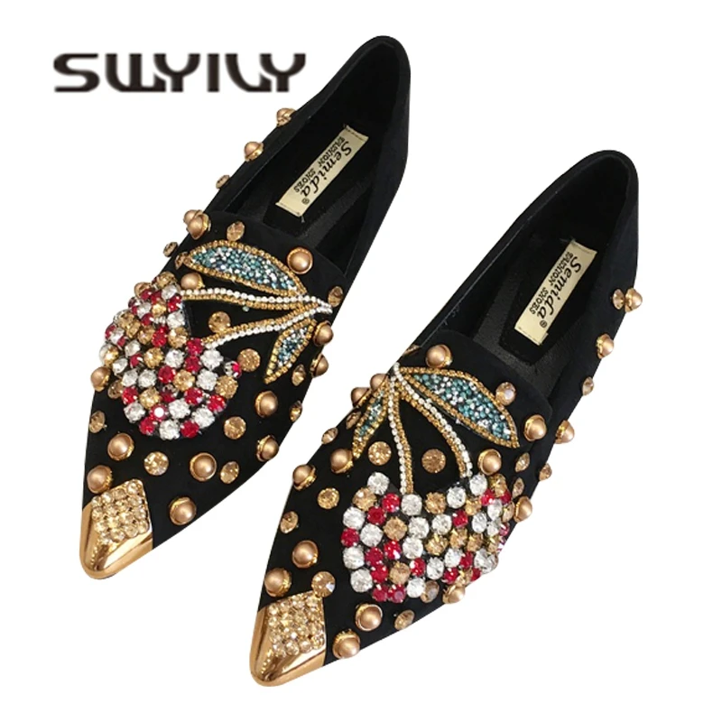 SWYIYV Woman Flats Shoes Rhinestone Cherry 2019 Spring New Female Metal Pointed Toe Casaul Shoes Comfortable Flats Loafers Shoes