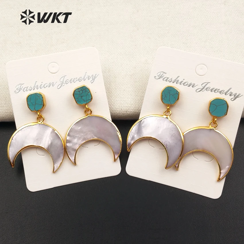 

WT-E429 Exquisite Design Crescent Shape Pearl Shell Mosaic Inaly Natural Stone Gold Dipped Drop Earring Gift For Women Jewelry