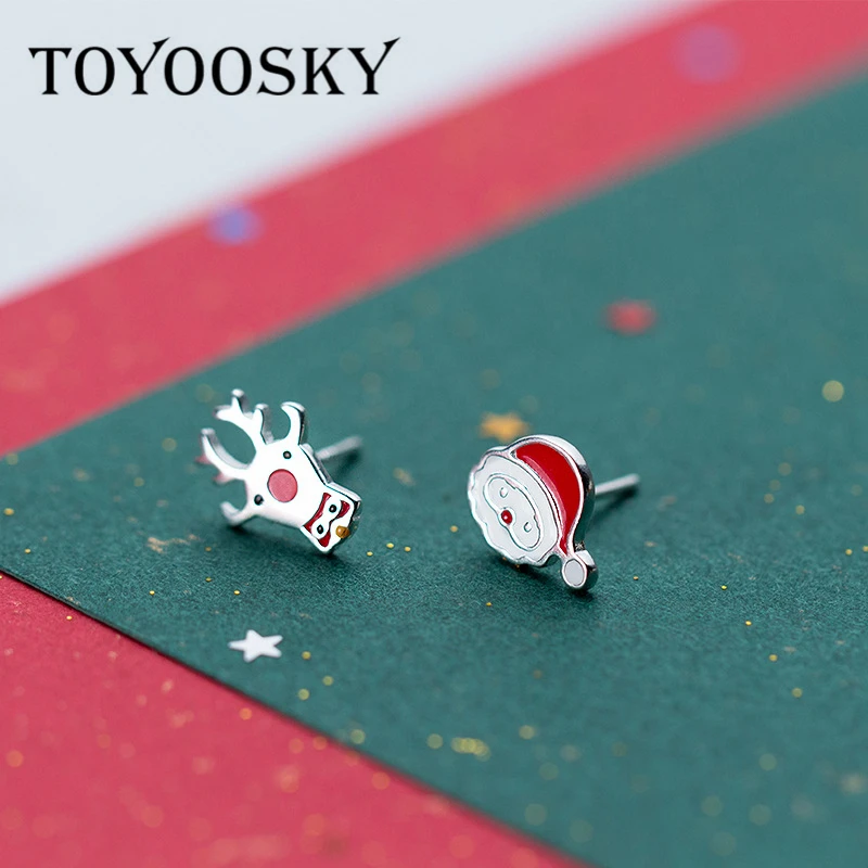 2019 New 925 Silver Stud Earrings Santa Claus Deer Enamel Process Red Color Christmas Contracted Jewelry Wholesale