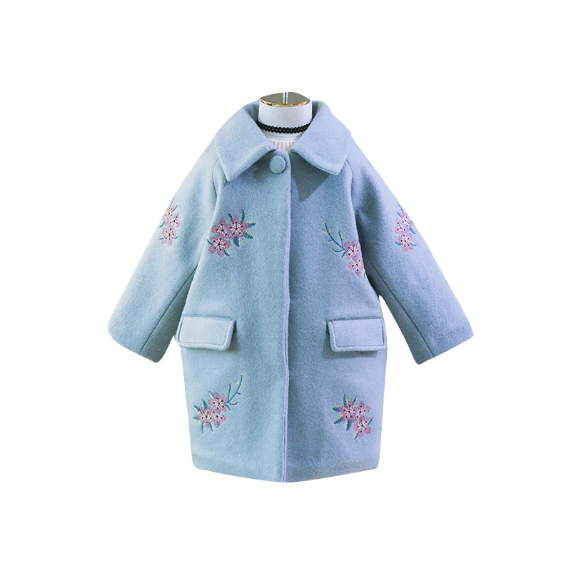 Girls Wool Overcoat Fall Winter 2023 New Babys Kids Medium-Long Thickened Casual Woolen Coat Children Embroidered Outerwear X320