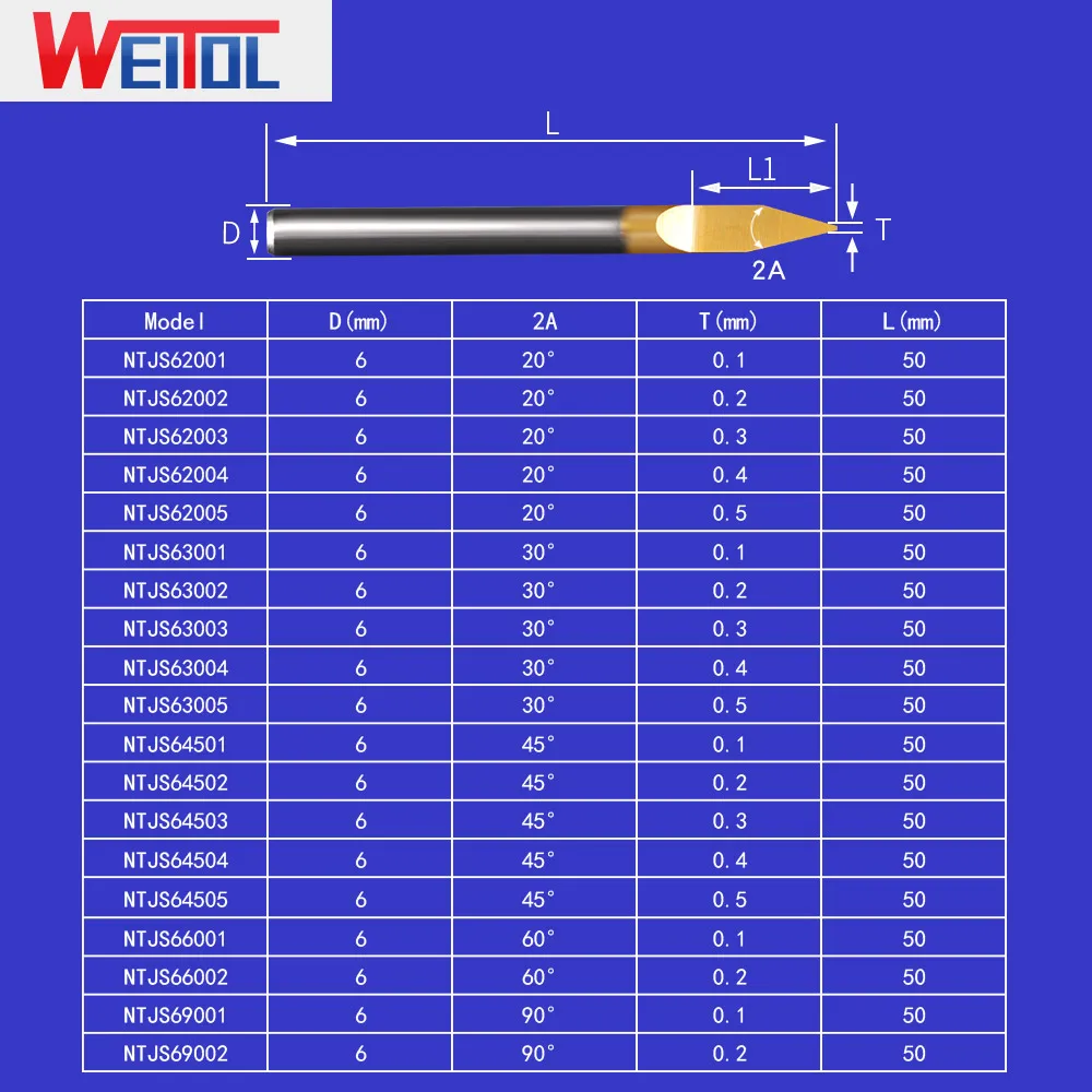 WeiTol 6MM SHK 0.5mm Tip V shape router bits Titanium coating engraving bits metal milling cutter