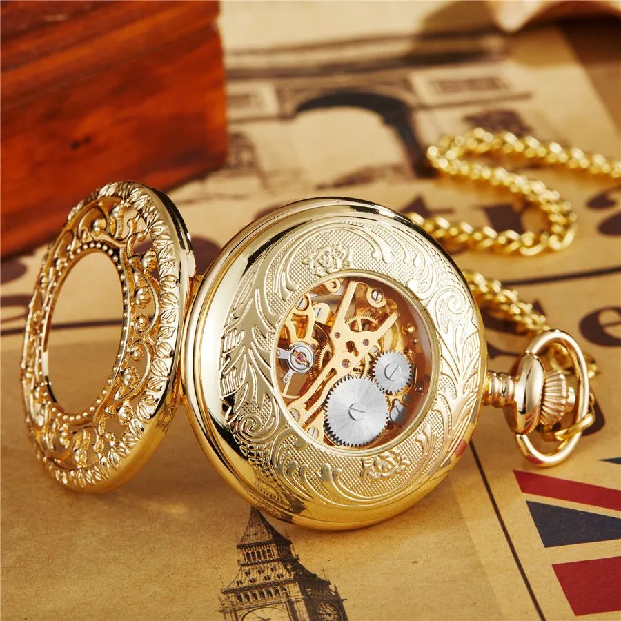 Vintage  Mechanical Pocket Watch With Fob Chain Hollow Hand-winding Pendant Clock Men Women Gold Bronze Watch Gift