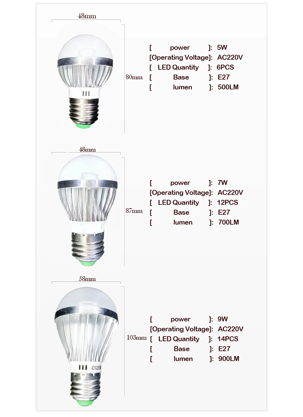 aluminum LED E27 lamp IC 5W 7W 9W  220V 230V 240V LED 2835 Lights Led Bulb bulb light lighting high brighness Silver metal