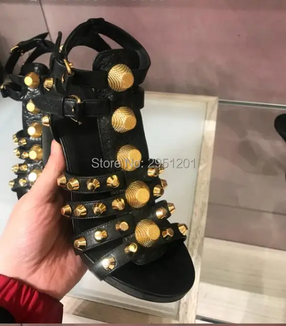 Newest Design Sexy Platform Sandals Black Spike Sandalias Chunky Summer Shoes Real Pictures