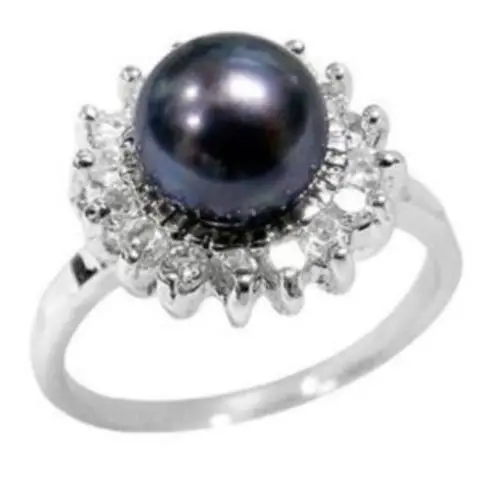 REAL NATURAL BLACK AKOYA PEARL RING SIZE 6-9^^^@^Noble style Natural Fine jewe FREE SHIPPING