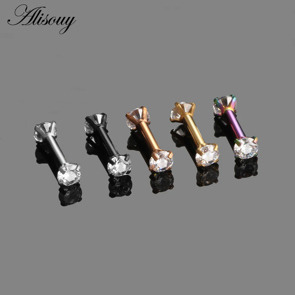 Alisouy 1pc Double Round Earring For Women Surgical Steel Bar Cartilage Piercing Crystal Zircon Rhinestone Ear Stud Bars Jewelry