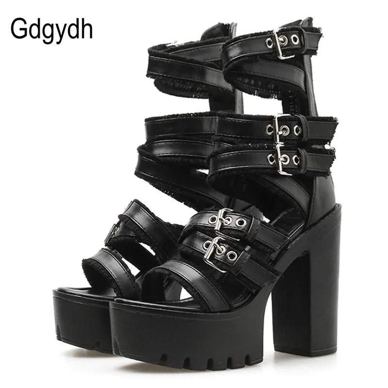 Gdgydh Women Gothic Shoes High Block Heel Hollow Out Sandals Gladiator Clubwear Shoes Platform Fashion Buckle Ankle Strap Drop