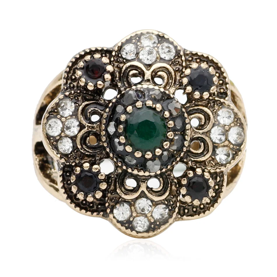 Fashion Turkish Women Round Flower Vintage Rings Antique Gold Color Hollow Resin Jewelry Indian Bridal Wedding Ethnic Bijoux