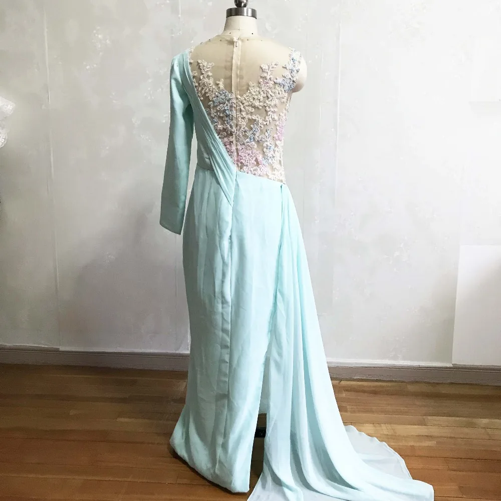 Sexy Prom Dress O Neck Appliqued Beaded Long Sleeve Illussion Pleated Chiffon Vestidos De Formature