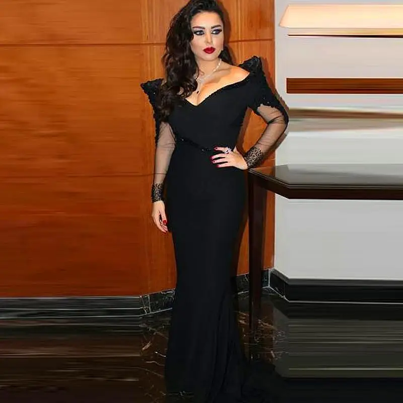 2016 moda v pescoço fora do ombro preto longo robe de soiree chiffon sereia manga longa vestido formal dubai vestidos de noite