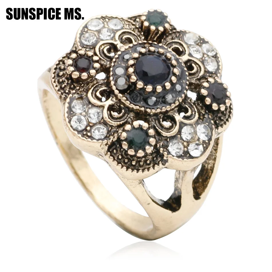 Fashion Turkish Women Round Flower Vintage Rings Antique Gold Color Hollow Resin Jewelry Indian Bridal Wedding Ethnic Bijoux