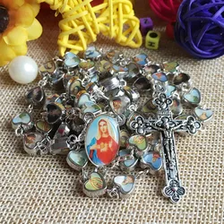 mix catholic figures rosary, alloy heart bead rosary with saint icon, virgin mary centerpiece,jesus cross