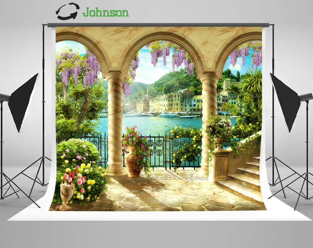 

Arch Column Staircase Flower Garden Coastal Patio Cottage backdrop polyester or Vinyl cloth Computer print wedding Background