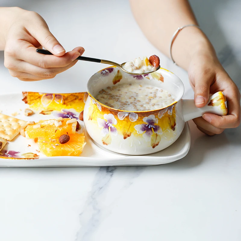 Purple Large Flower Underglaze Ceramic Breakfast Bowls Cereal Bowl Salad Bowl Combination Two Sets Of A Human Food Couple Sets