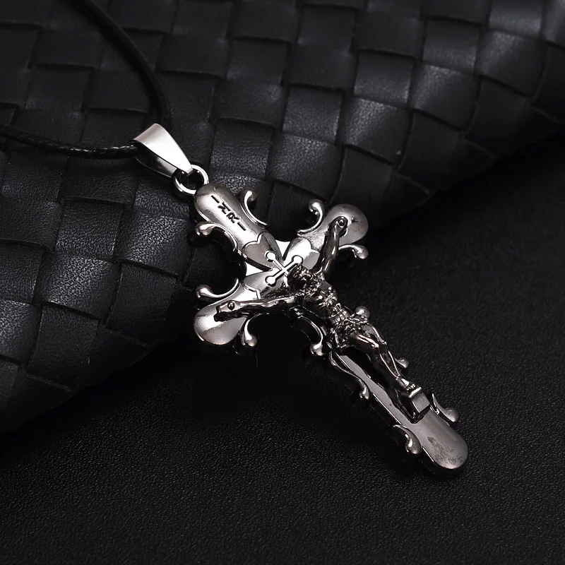 HC Hot Sale Trendy Men Jewelry Jesus Cross Pendant Men Necklace Metal Statement Silvery Brass Gun Black Necklace Dropshipping F