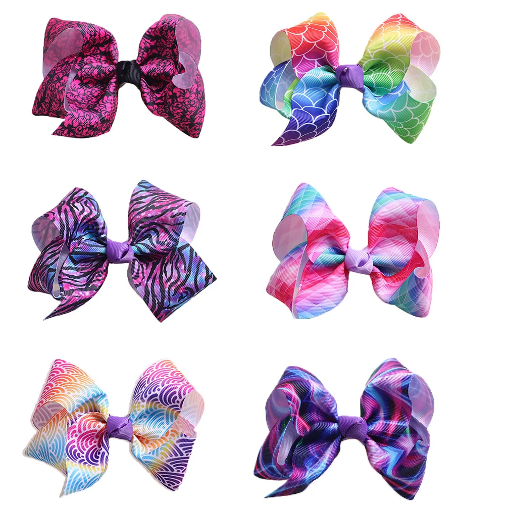 

Boutique 5" Fashion Cute Mermaid/Leopard Print Ribbon Bow Hairpins Solid Gradient Rainbow Color Diamond Cut Bowknot Hair Clips
