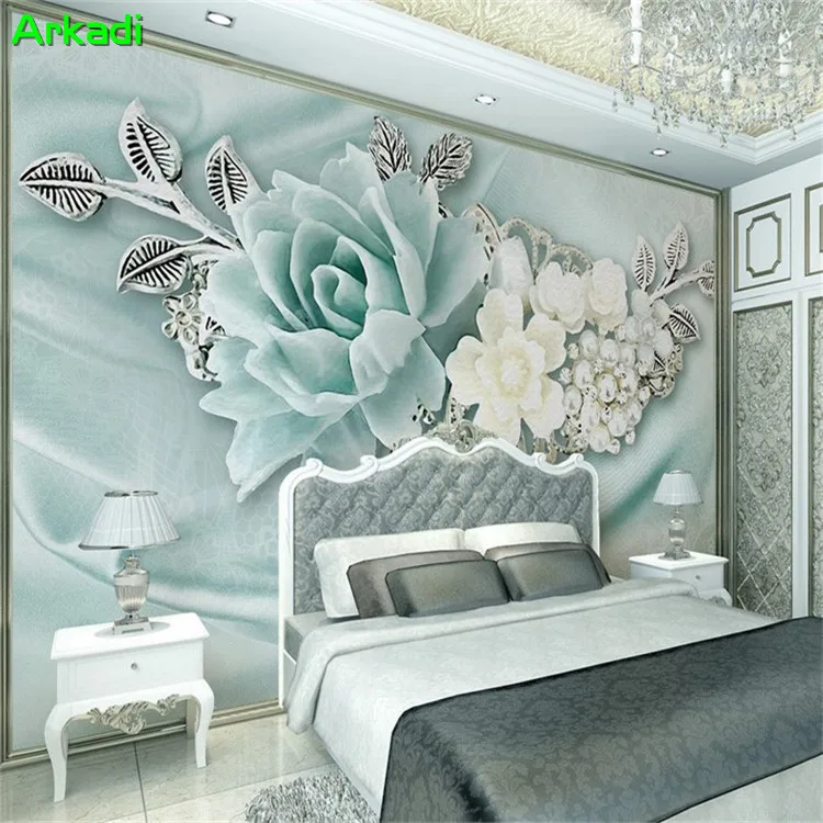 

Custom 3d Mint Green Jewelry Pearl Oil Painting Flowers TV Background Wall Decorative painting Living room Study Rooms Mural