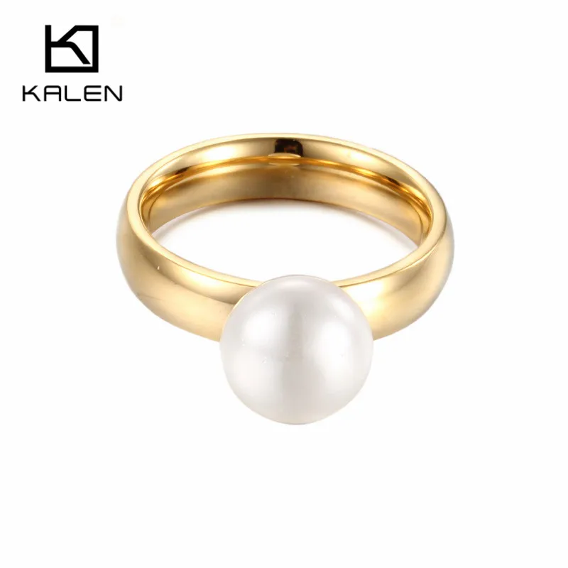 Kalen Fashion Anillos White Simulated-Pearl Rings For Women Gold Color Stainless Steel Wedding Bands Finger Party Jewelry