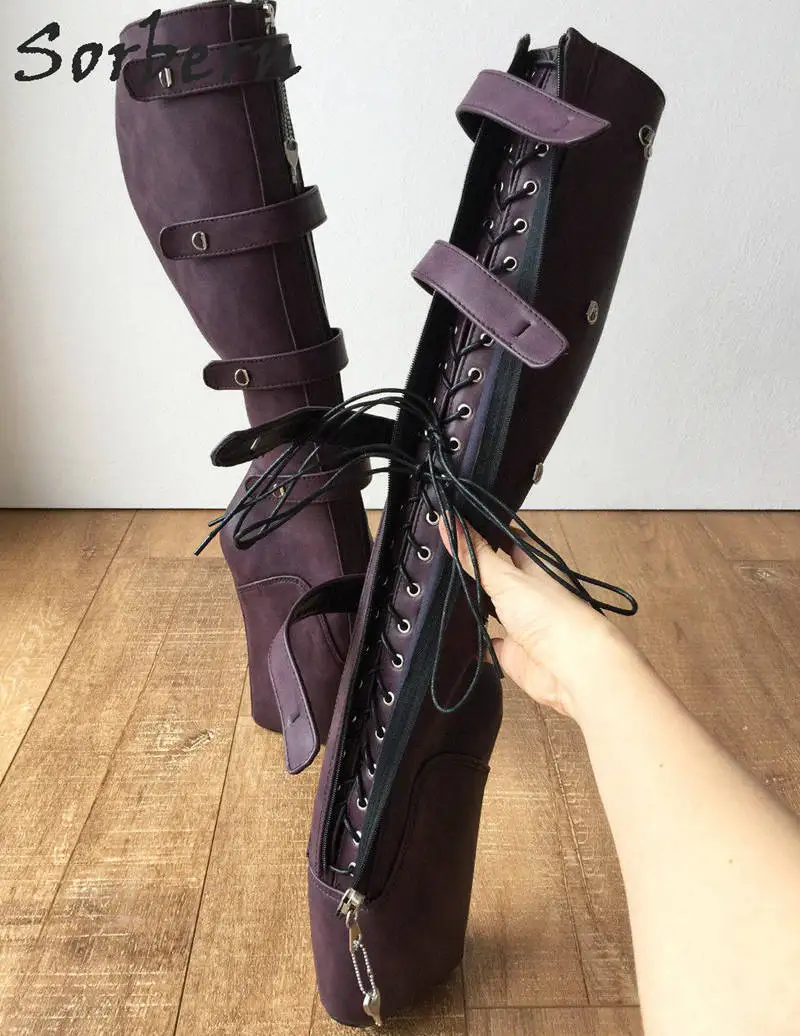 Sorbern Purple 10 Keys Lockable Ballet Wedge Boots Women Leg Straps Womens Spiked Boots Heels Boots Female Womens Mid Calf 2019