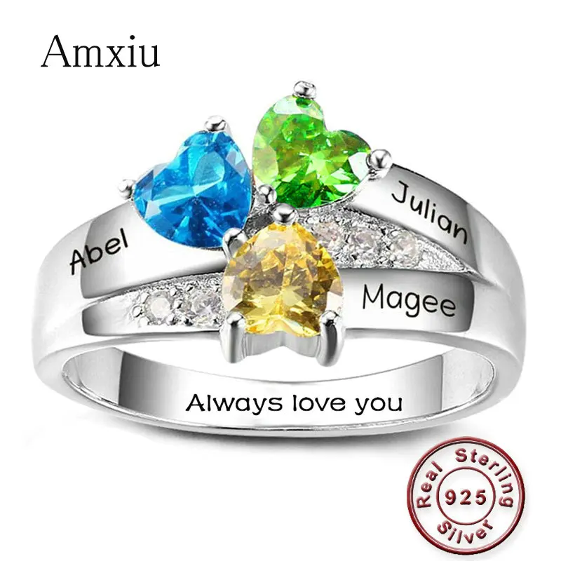 

Amxiu Customize 925 Sterling Silver Ring DIY Personalized Family Name Ring Engrave Three Names Rings For Women Mother's Day Gift