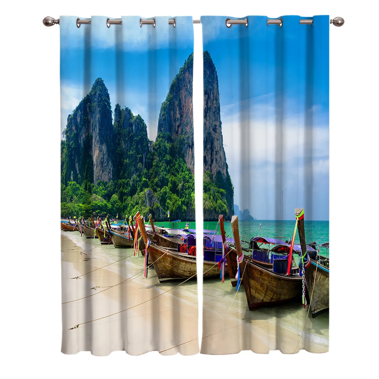 Curtains Thailand Beach Landscape Island Rock Boat Window Curtain Living Room Bedroom Home Decoration Panel Window Treatment