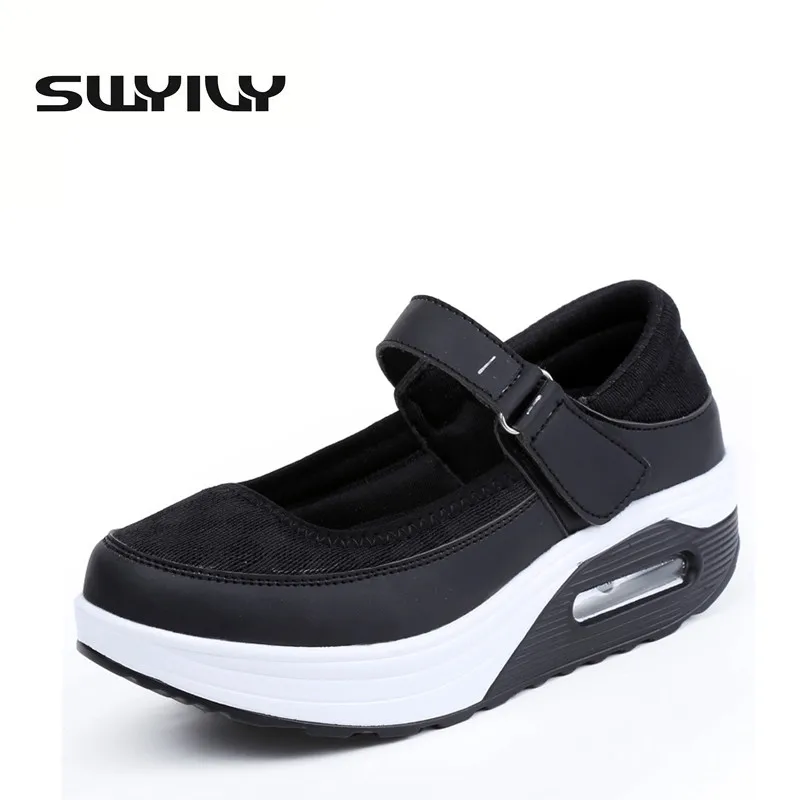 Mesh Breathable Women Toning Shoes 5CM Height Increasing Hook-loop Wedge Swing Shoes White Nurse Shoes Spring Autumn lose weigth