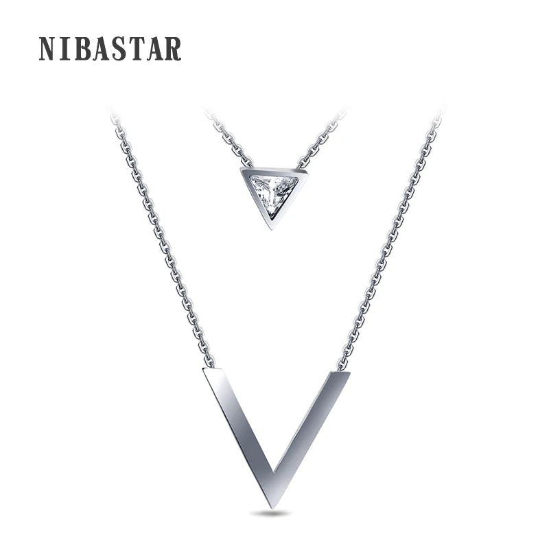 Gold-Color Double V Shape 316L Stainless steel Necklace For Women Geometric Triange Cubic Zirconia Pendant & Necklace