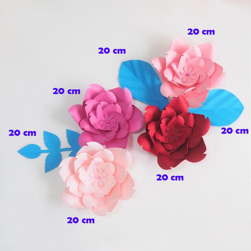 DIY Giant Paper Flowers Artificial Rose Fleurs Artificielles Backdrop 4pcs+ 3 Leave Wedding Party Decor Nursery Pink Rose Red