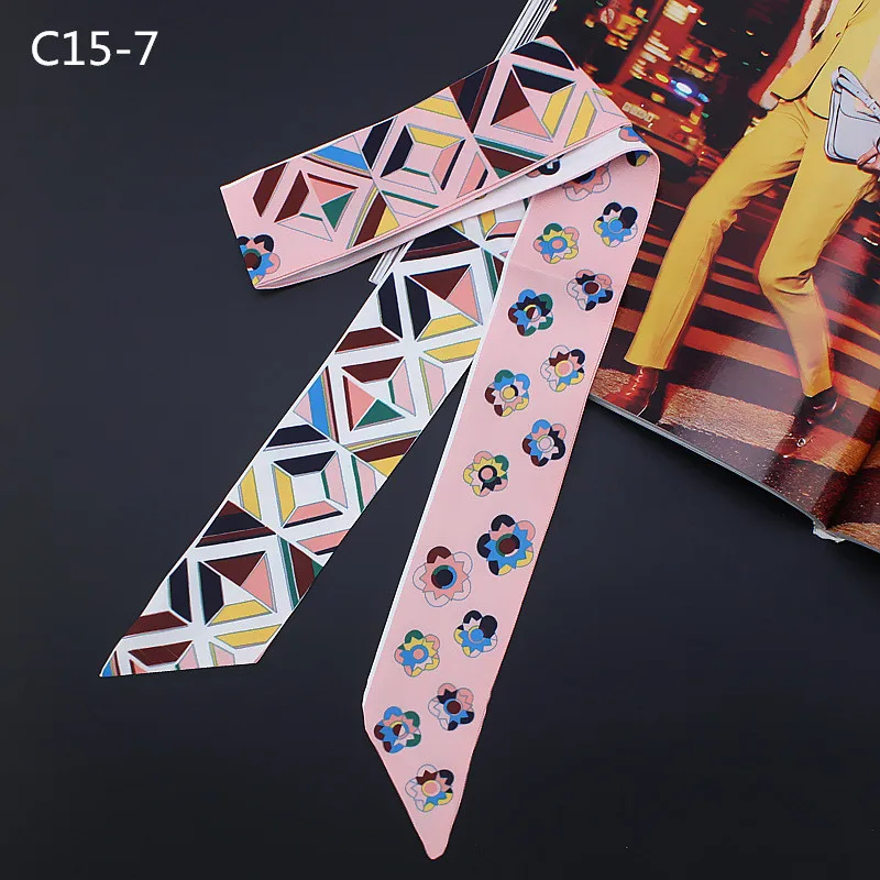 New Design Camellia Scarf Geometric Print Women Silk Scarf Fashion Head Scarf Brand Handle Bag Ribbons Small Long Scarves C15