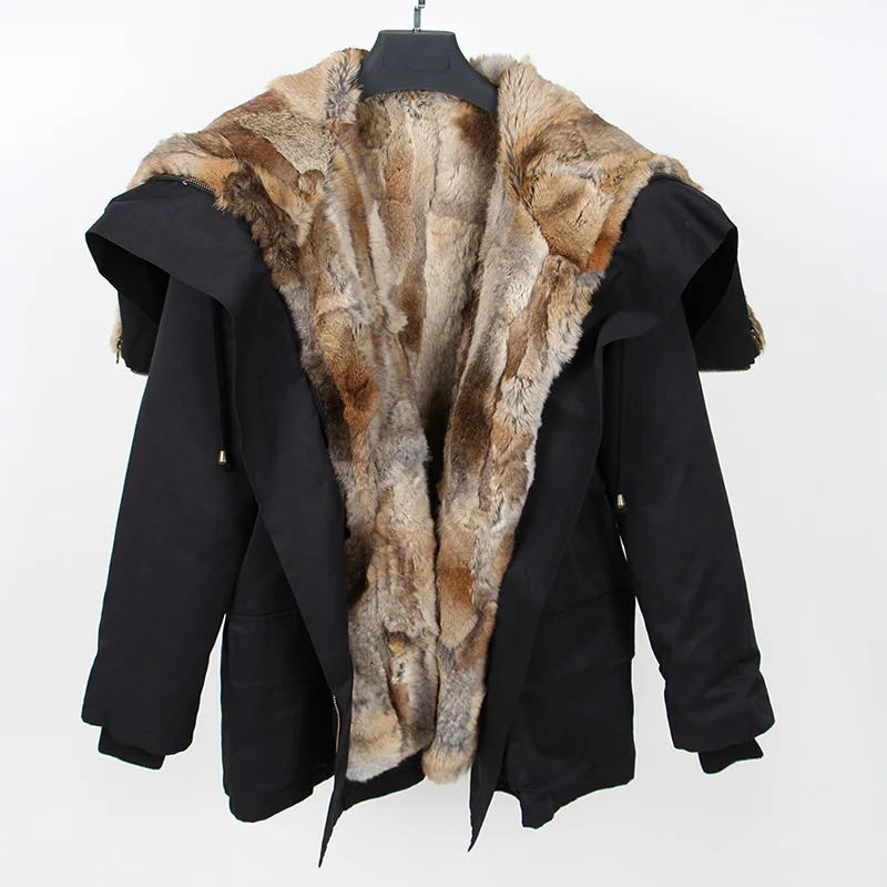 Maomaokong natural rabbit fur lined park black fashion raccoon fur jacket coat natural fox fur coat