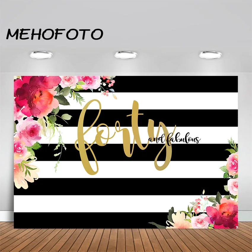 

Forty and Fabulous Backdrop Flower Stripes 40th Birthday Photography Background Women 40th Birthday Party Banner