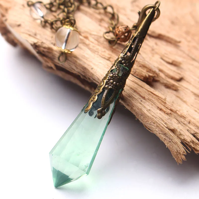 Fashion Natural Green fluorite healing crystals Pendulum quartz crystal pendant necklace Dowsing Reiki Chakra Pendulum jewelry