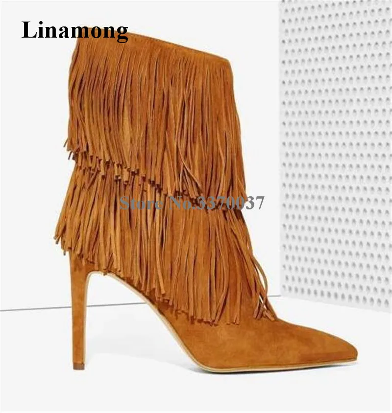 

Ladies Charming Pointed Toe Suede Leather Thin Heel Short Tassels Boots Sexy Fringed High Heel Ankle Booties Dress Shoes