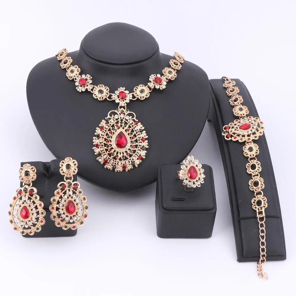 

Fashion Bridal Crystal Jewelry Sets For Women Gold Color Rhinestones Necklace Earrings Bangle Ring Wedding Gift Jewelry Set