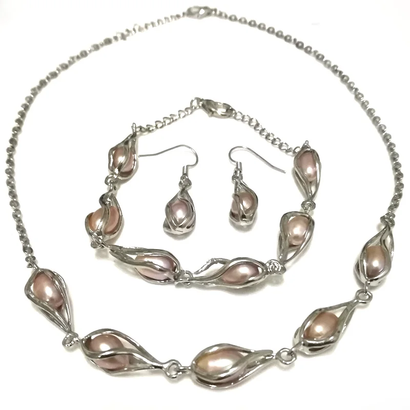 16 inches 7-8mm Natural Lavender Pearl Chain Necklace & 8 inches Bracelet & Hook Earring Fashion Jewelry Set