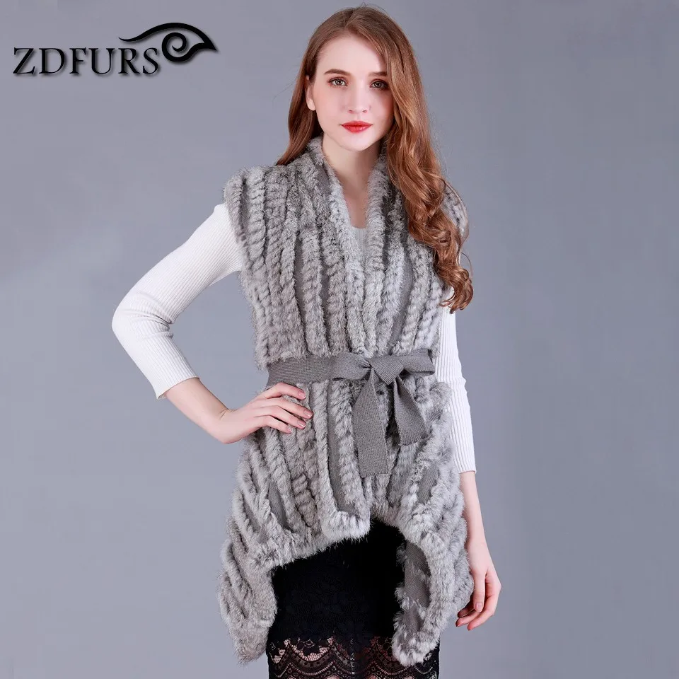 ZDFURS * Women Genuine Knitted Rabbit Fur Vests with belt sweater Waistcoat wholesale drop shipping