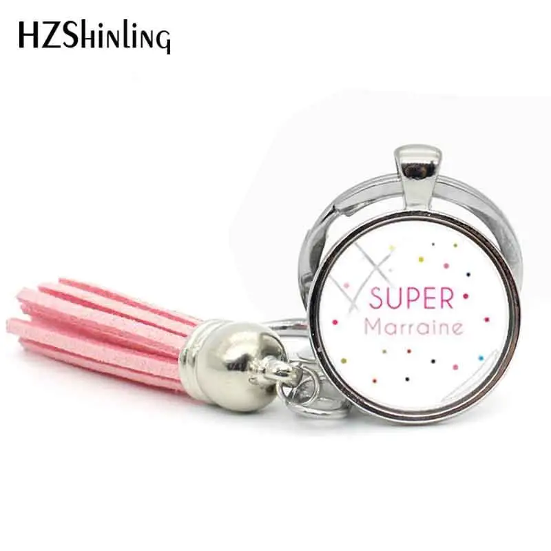 2018 New Super Marraine Tassel Keychain Meilleure Marraine Keychains Glass Cabochon Photo Jewelry Key Chain For a Woman Bag