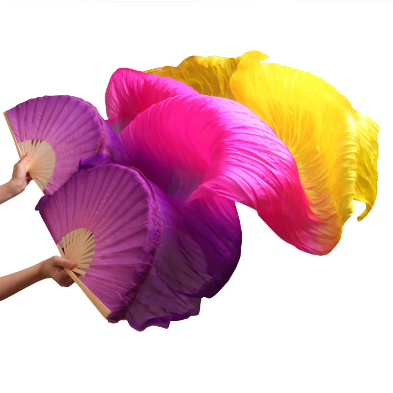 1 par fãs de dança de bambu costelas de seda natural palco desempenho adereços corante fãs feminino dança do ventre fãs de seda roxo + rosa + amarelo