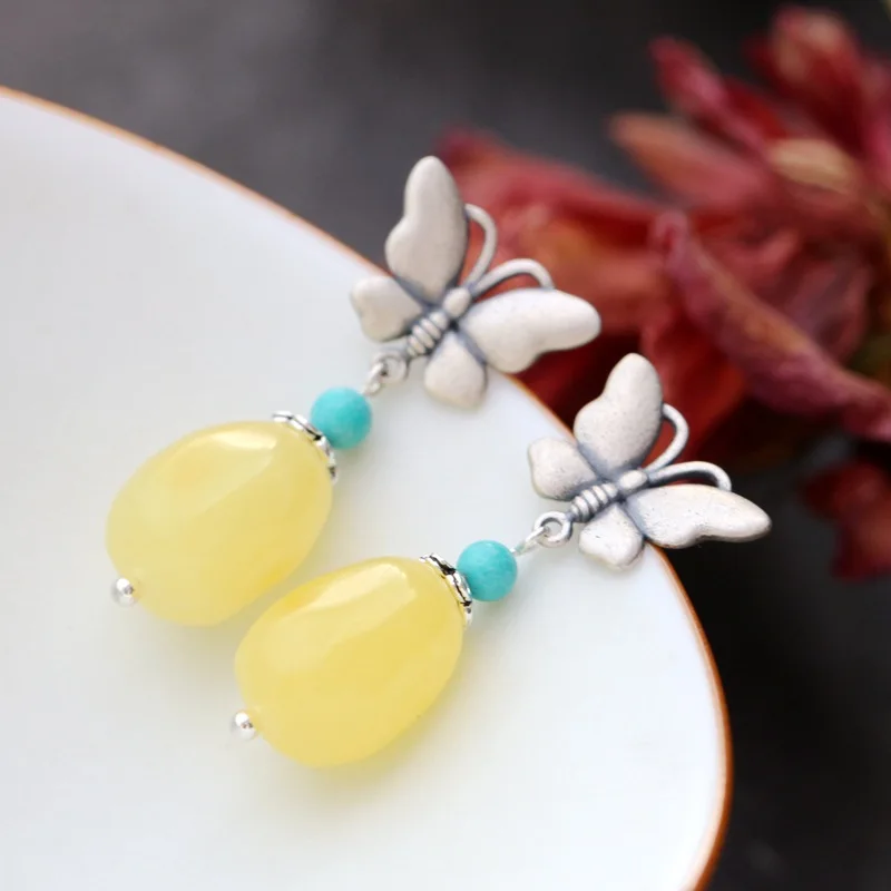 

Manually set the natural beeswax Thai silver eardrop tassel butterfly retro 925 sterling silver earrings