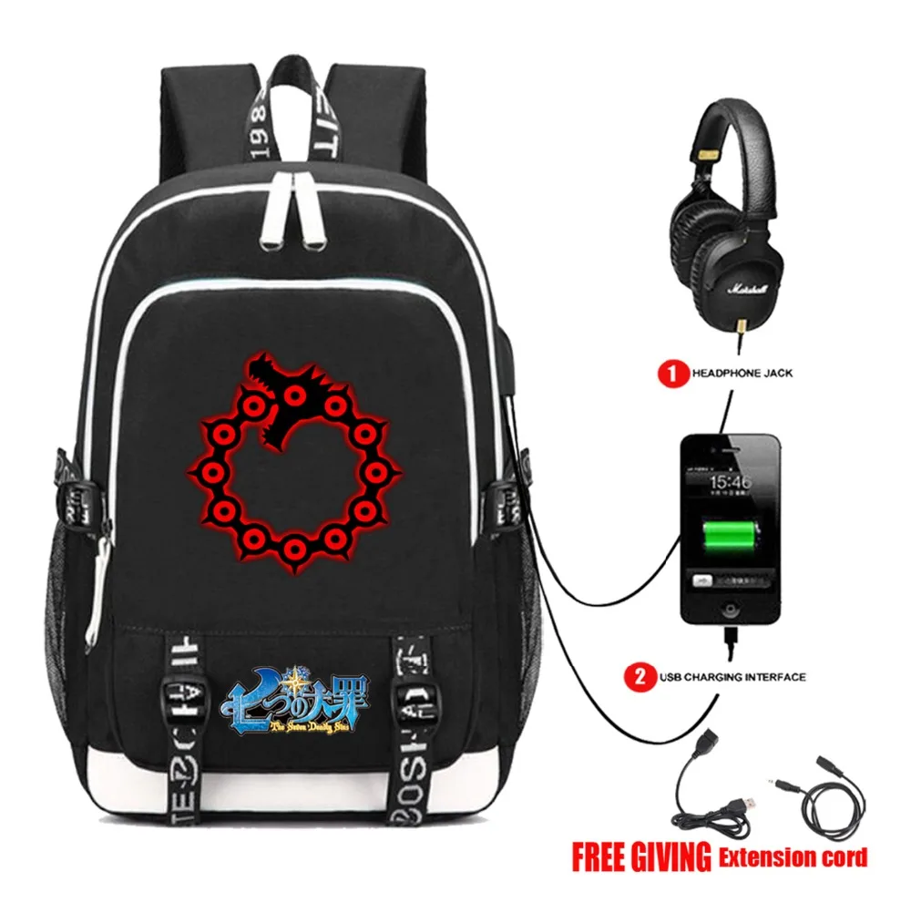 

anime The Seven Deadly Sins backpack nanatsu no taizai USB Charging Headphone jack Student Backpack Teenagers travel laptop bag