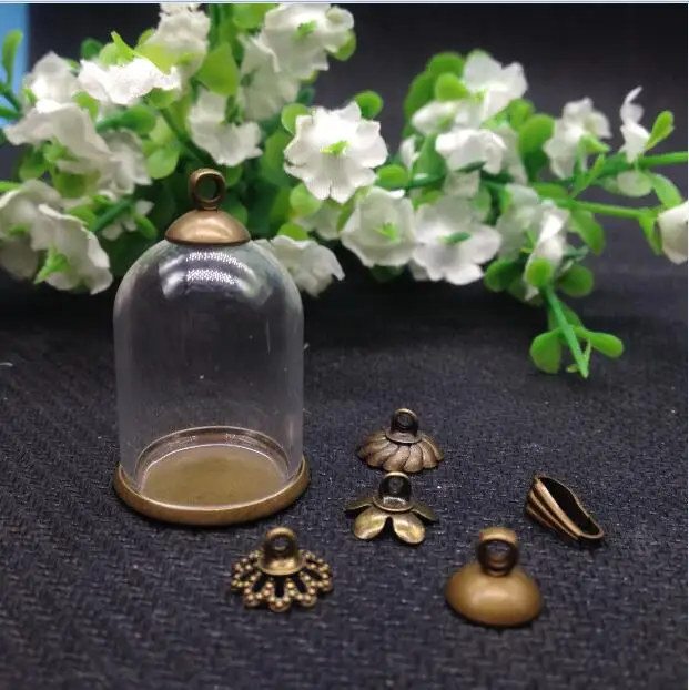 

50sets/lot 25*18mm tube glass globe ordinary antique bronze color base beads cap set glass vial bottle pendant jewelry findings