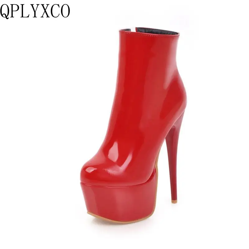 QPLYXCO 2017 New sexy Big size 33-48 patent leather ankle short boot winter warm Women super high heels(15cm) Party shoes s-19