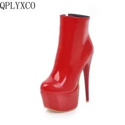 QPLYXCO 2017 New sexy Big size 33-48 patent leather ankle short boot winter warm Women super high heels(15cm) Party shoes s-19