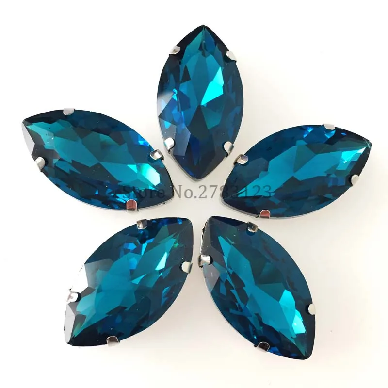 Free shipping peacock blue Silver bottom Glass Crystal sew on  rhinestones with four holes for diy Clothing access Factory sales