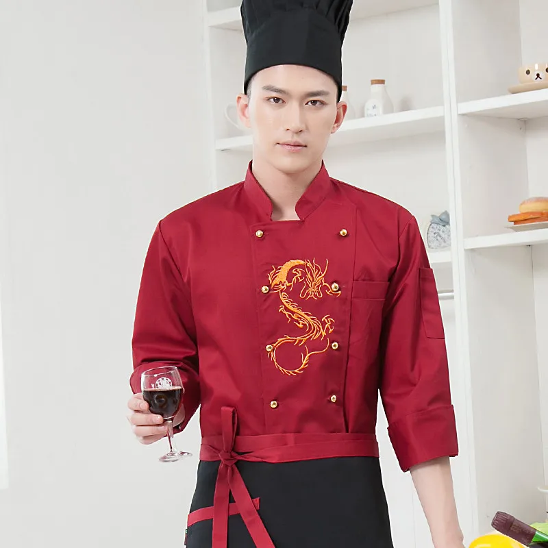 Estilo chinês de manga comprida, serviço de chef bordado dragon hotel trabalhando restaurante roupas de trabalho ferramentas uniforme cozinhar top